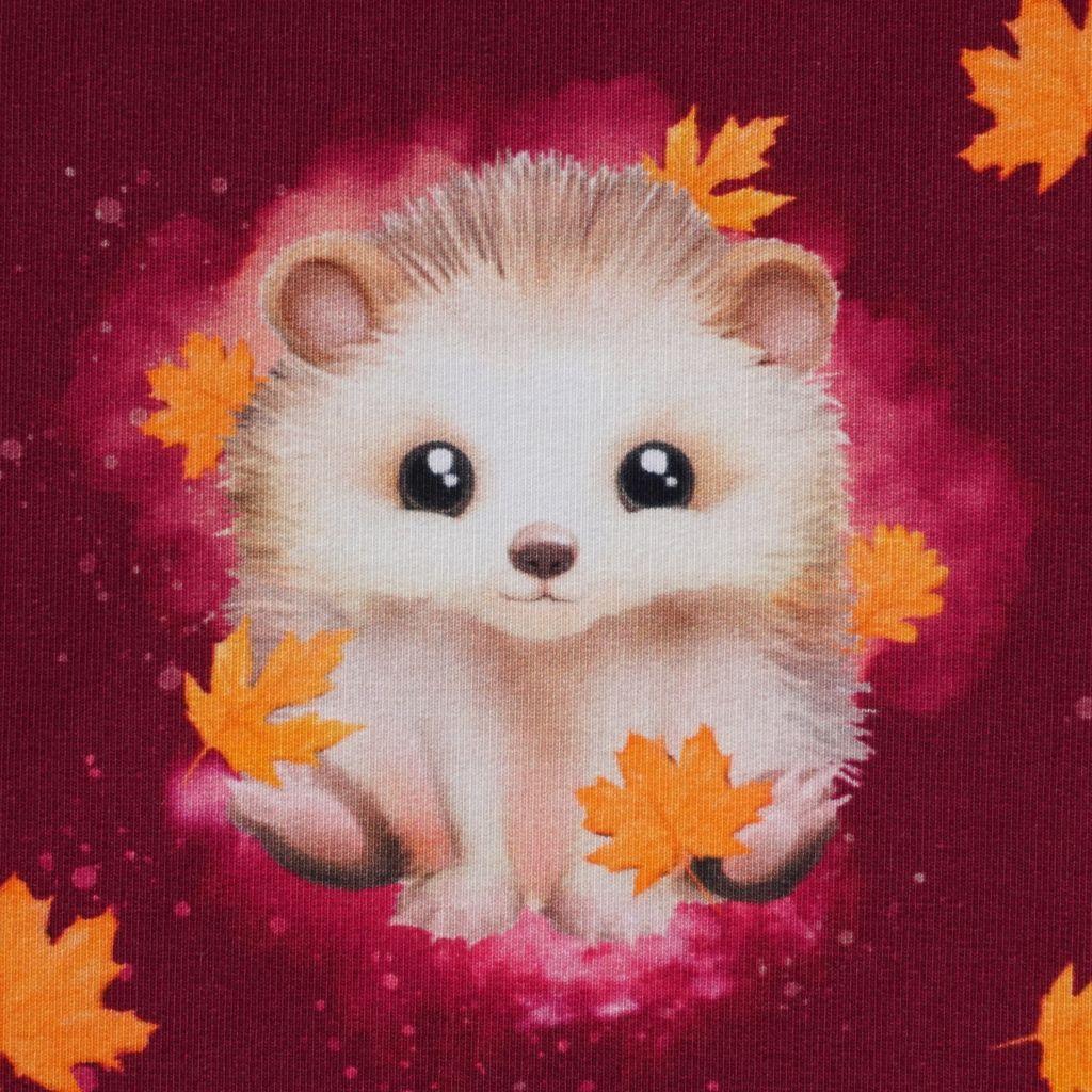 Preview: French Terry süße Igel im Herbstlaub violett - Glitzerpüppi